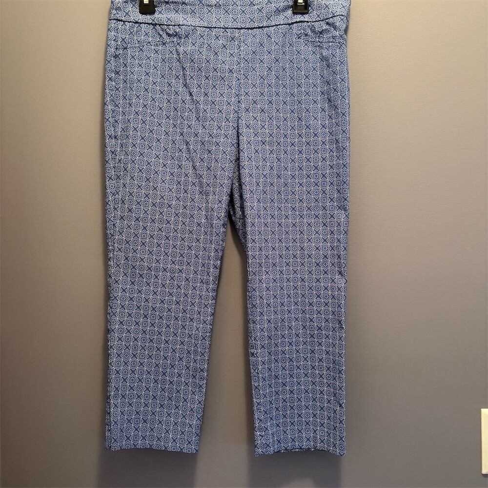 Kenar Capri Pants Womens Size 12 Blue White Geometric Pull-On Stretch
